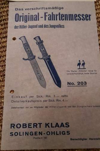 Klaas catalogue sheet of the HJ and Jungvolk Fahrtenmesser