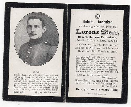 German WWI Death Card of Lorenz Sterr. Killed during the battle of the Somme.