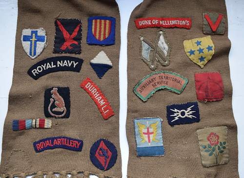 ATS Scarf with various formation badges, titles etc sewn on it