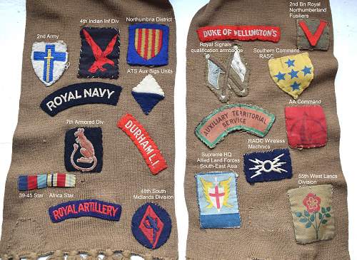 ATS Scarf with various formation badges, titles etc sewn on it