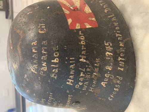 Japanese Civil Defense Helmet with USN Vet Diary painting on the shell