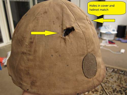 Japanese helmet, machine gun damage, japanese text inside cloth cover, translation?