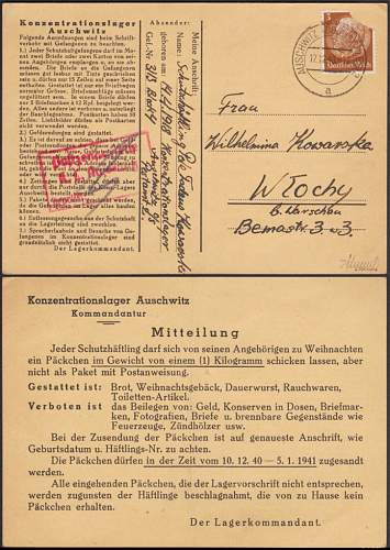 Very rare Auschwitz postal card 1940