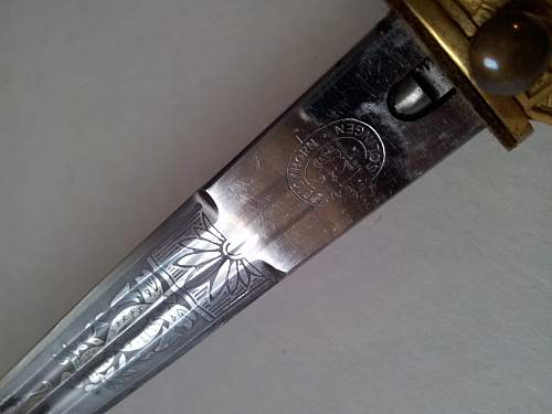 Kriegsmarine 1st model Eickhorn etched dagger with M38 pommel and hammered scabbard