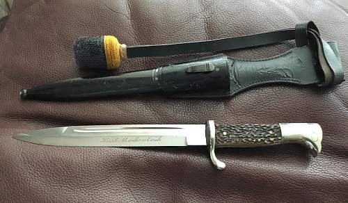Kriegsmarine 1st model Eickhorn etched dagger with M38 pommel and hammered scabbard