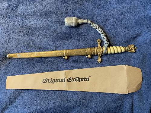 Kriegsmarine 1st model Eickhorn etched dagger with portepee and hangers