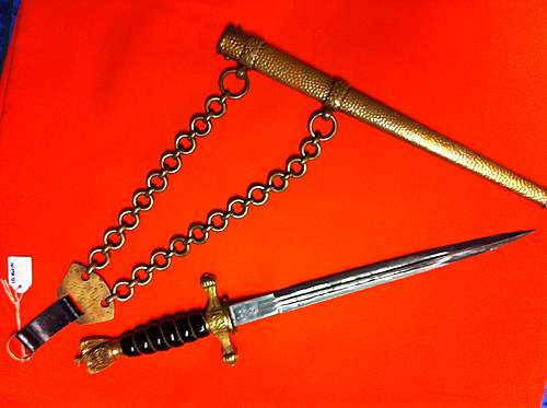 Kriegsmarine 2nd model WKC etched dagger with black grip chained hanger and M38 pommel
