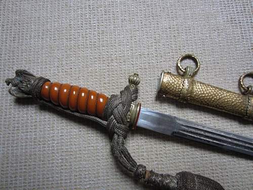 Kriegsmarine 2nd model Alcoso etched dagger with hammered scabbard orange grip and portepee