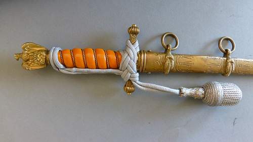 Kriegsmarine 1st model Alcoso etched dagger with m38 pommel orange grip and portepee