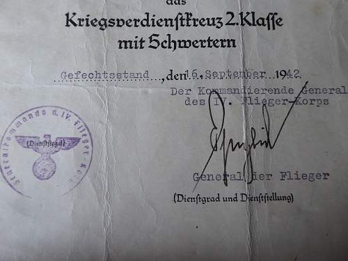 Kriegsverdienstkreuz 2 Klasse mit Schwerten + certificate - General der Flieger signed