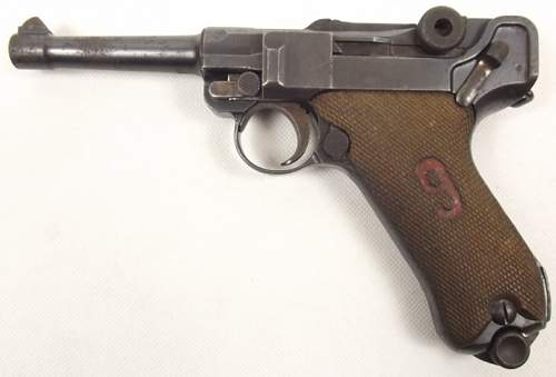 Luger 1916 with &quot;red nine&quot; on grips.