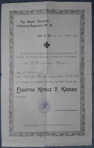 Iron Cross 2nd Class Award Document