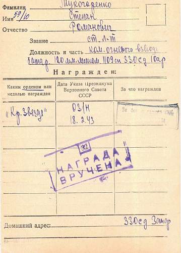 Order of red star #112961 Mukogorenko Stepan Romanovich