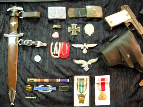 Dagger, Pistol, Pens, Ribbon, Iron Cross, Buckels,....All brought back from France by my Good Friend