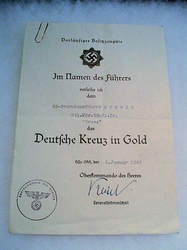 Postumous Award of the Deutsche Kreuz in Gold to SS Officer