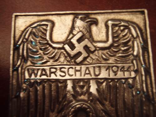 Found this large Warschau Shield 1944 (Two pins on the back.)
