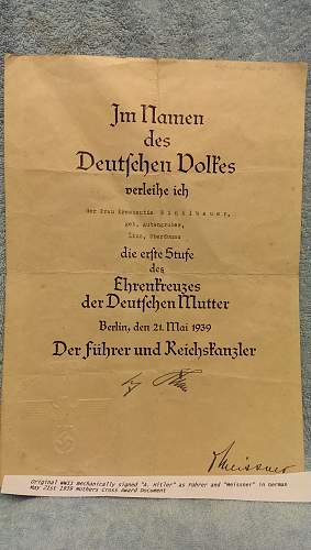 Ehrenkreuz der Deutsche Mutter Erste Stufe with award document