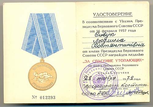 Documents and Medal for Drowning Person Rescue