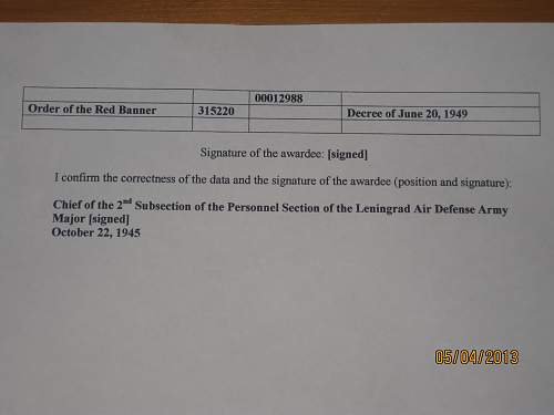Order of the Red Banner re-issue from Major General of Artillery of the Leningrad air defence army...