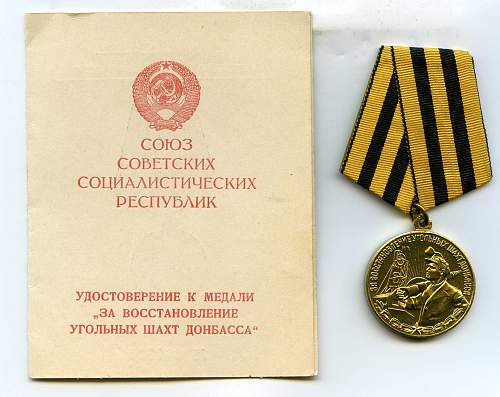 Document and Medal for the Restoration of the Donbass Coal Mines