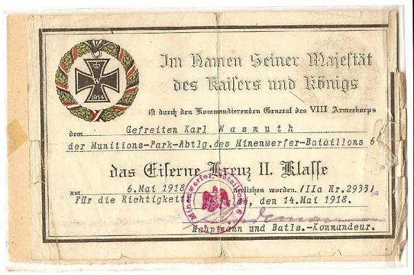 My First Imperial German EKII Award Document