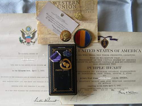 Purple Heart medal, certificate and documents - KIA 07 April 1945