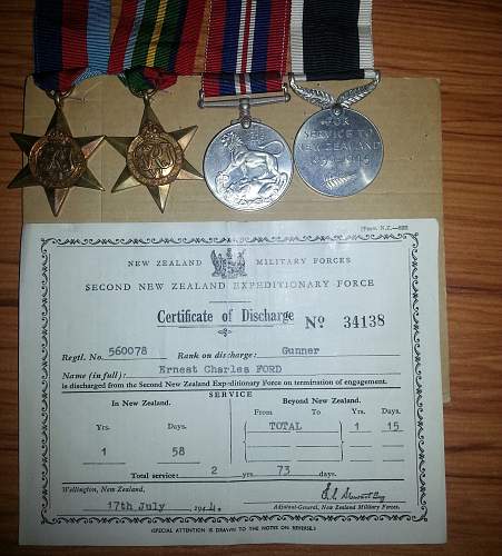 NZ group of medals. The Pacific star, BWM, 1939-45 Star, and NZ war service medal. And discharge paper.