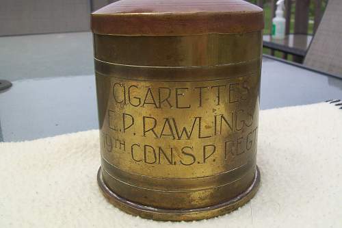 Cigarette tin trench art made by Cdn soldier out  of German shell casing