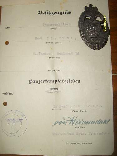 Panzerkampfabzeichen with certificate.