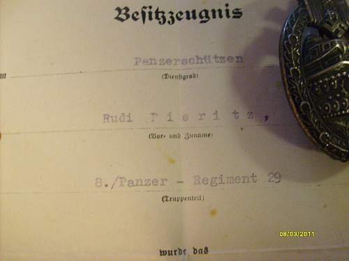 Panzerkampfabzeichen with certificate.