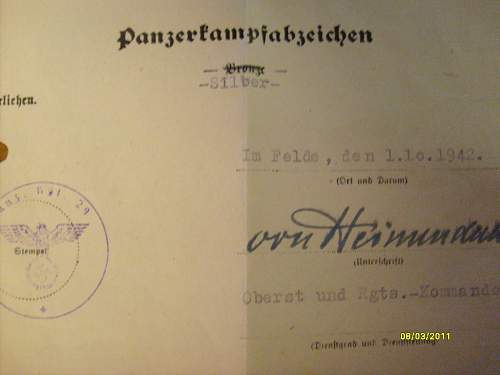 Panzerkampfabzeichen with certificate.