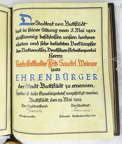 Ehrenbürger (honorary citizenship) document awarded to Fritz Sauckel