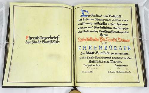 Ehrenbürger (honorary citizenship) document awarded to Fritz Sauckel