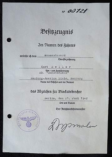 Blockade runner document and dorpmueller signature