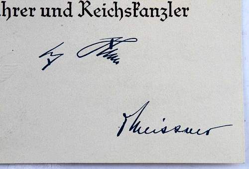Hitler signed German honour cross certification