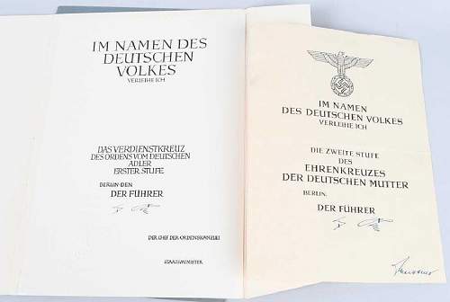 Hitler signed German honour cross certification