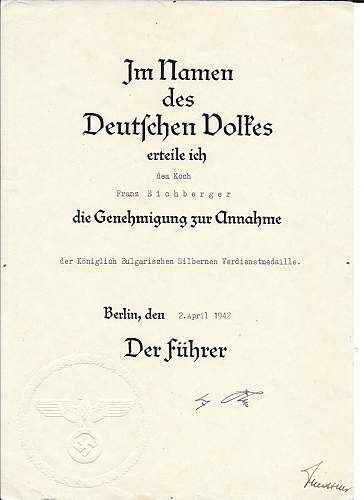 Hitler signed German honour cross certification