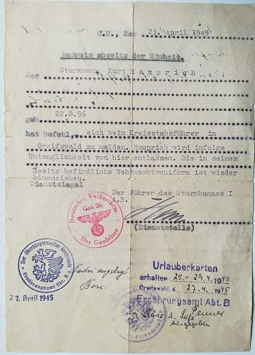 1945 Volksturm Gau 26 - signature Fuhrer des Sturmbannes I A.B.