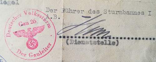 1945 Volksturm Gau 26 - signature Fuhrer des Sturmbannes I A.B.