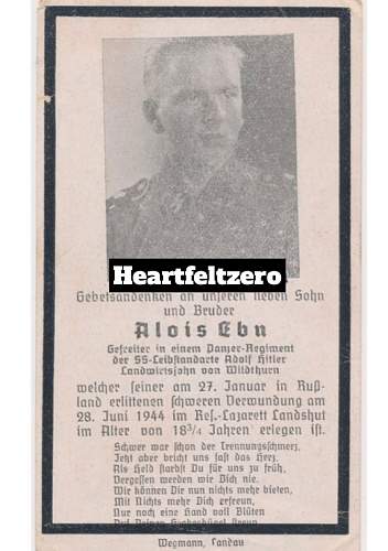 WW2 LSSAH Death Card of Alois Ebn (1st SS Panzer Division Leibstandarte SS Adolf Hitler)