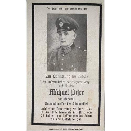 WW2 German Death Card Of SS-Polizei member Michael Piser