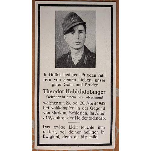 German Death Card of Theodor Habichdobinger. Killed on April 29th or 30th 1945