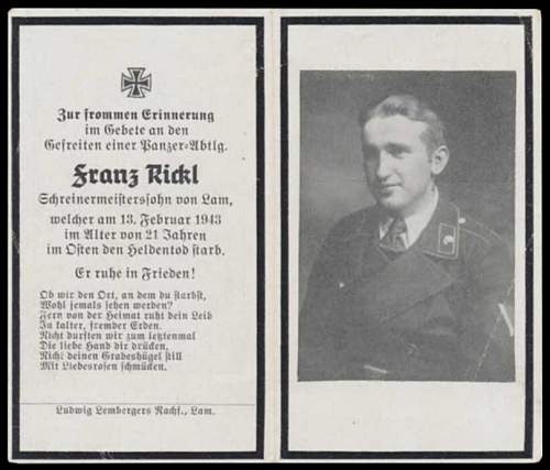 WW2 Death Card of Gefreiter Franz Rickl, who served in a panzer division.