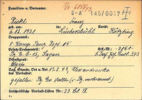 WW2 Death Card of Gefreiter Franz Rickl, who served in a panzer division.