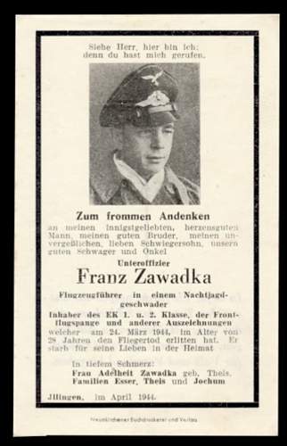 WW2 German Death Card for Luftwaffe Pilot Franz Zawadka. Bf 110 G-4