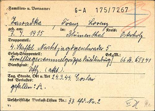 WW2 German Death Card for Luftwaffe Pilot Franz Zawadka. Bf 110 G-4