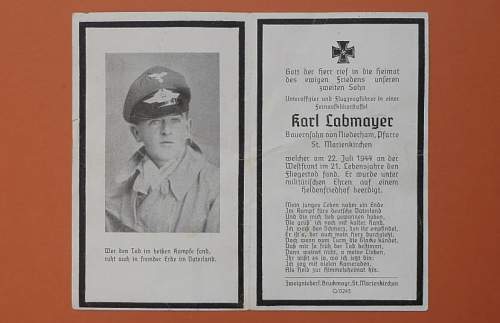 WW2 German Death Card of Luftwaffe Pilot Karl Labmayer. He flew a Heinkel He 177 A-3 Greif.