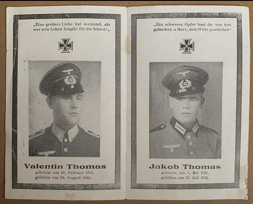 WW2 German Death Card for 2 brothers