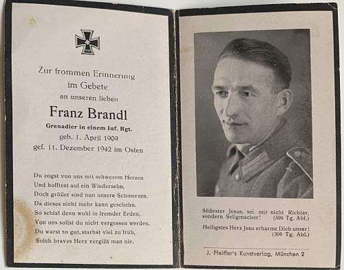 WW2 German Death Card of Franz Brandl.
