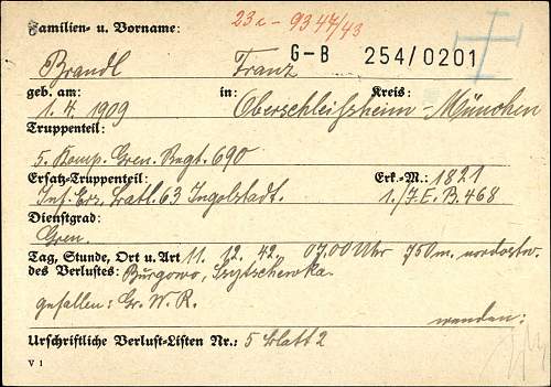 WW2 German Death Card of Franz Brandl.
